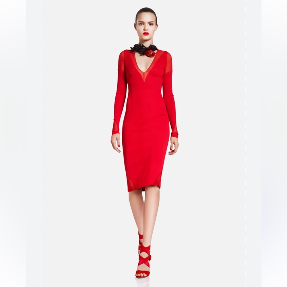 Donna Karan Elegant Red body cone sheer detail all Dress with Embellishments  10